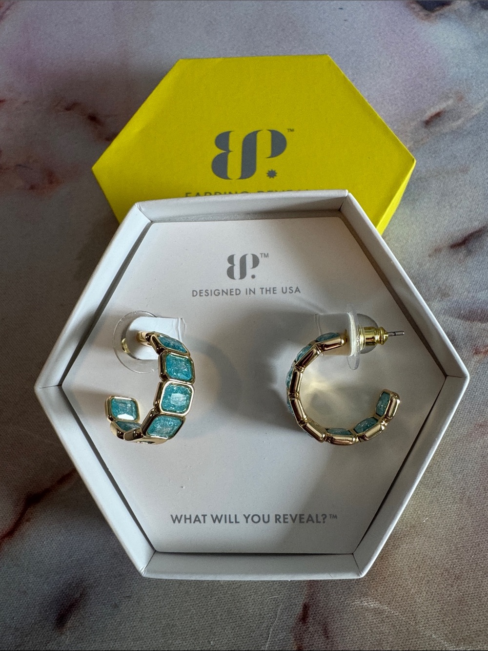 Bomb Party Gold Hoop Earrings with Teal Inlay